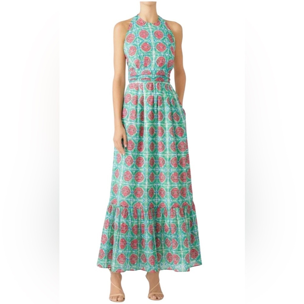 Banjanan Capri Cotton Green Pink Floral Halter Neck Maxi Dress S. G21